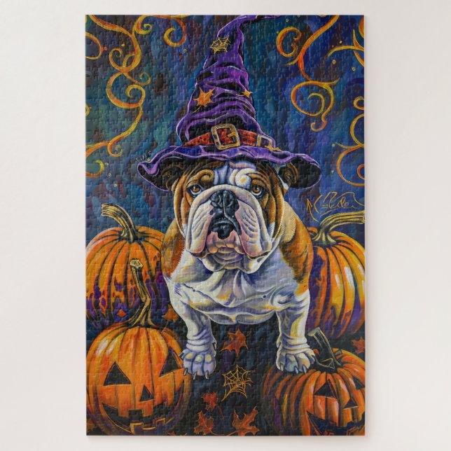 Spooky Bulldog Halloween Witch And Pumpkin Jigsaw Puzzle (Vertical)