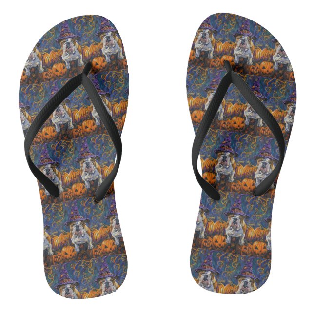 Spooky Bulldog Halloween Witch And Pumpkin Thongs (Footbed)