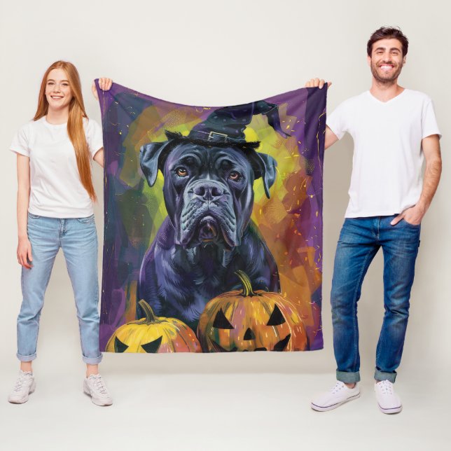 Spooky Bullmastiff Dog Halloween Witch And Pumpkin Fleece Blanket (In Situ)