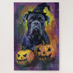 Spooky Bullmastiff Dog Halloween Witch And Pumpkin Jigsaw Puzzle