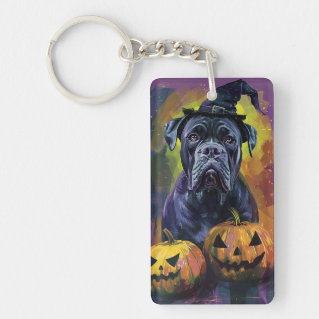 Spooky Bullmastiff Dog Halloween Witch And Pumpkin Key Ring (Front)
