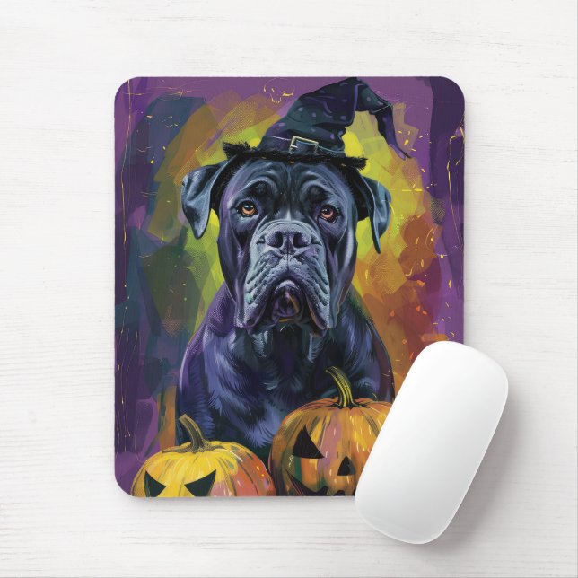Spooky Bullmastiff Dog Halloween Witch And Pumpkin Mouse Pad (With Mouse)