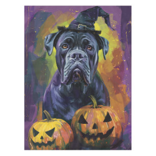 Spooky Bullmastiff Dog Halloween Witch And Pumpkin Tablecloth