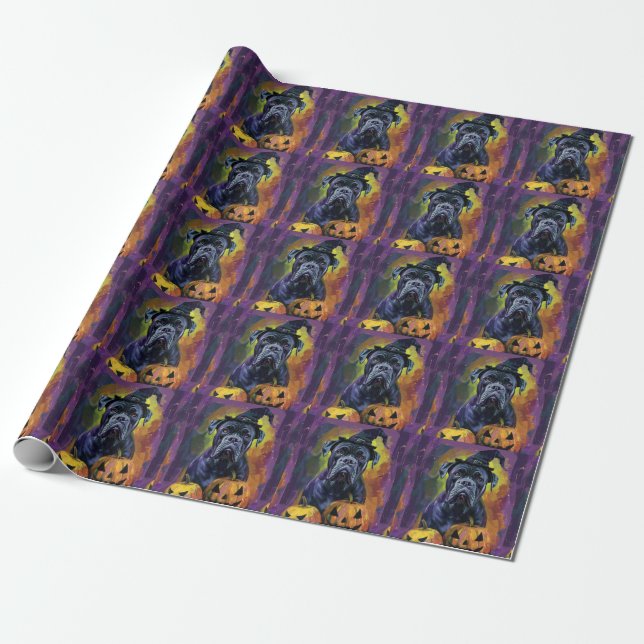 Spooky Bullmastiff Dog Halloween Witch And Pumpkin Wrapping Paper (Unrolled)