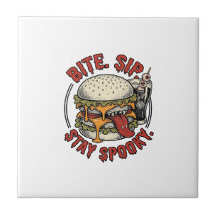 Spooky Burger Shirt Vintage Engraving Halloween Gr Ceramic Tile