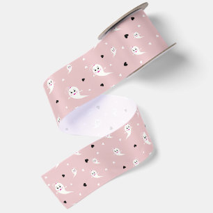 Spooky But Cute Ghost Girl patterned Pink Satin Ribbon