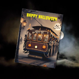 spooky cable car skeleton passengers halloween postcard