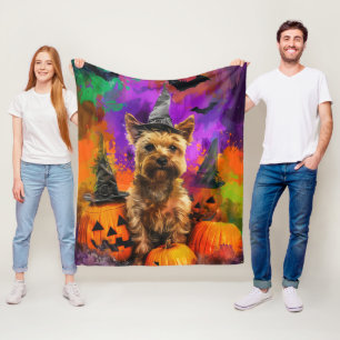 Spooky Cairn Terrier Dog Halloween Witch Pumpkin  Fleece Blanket