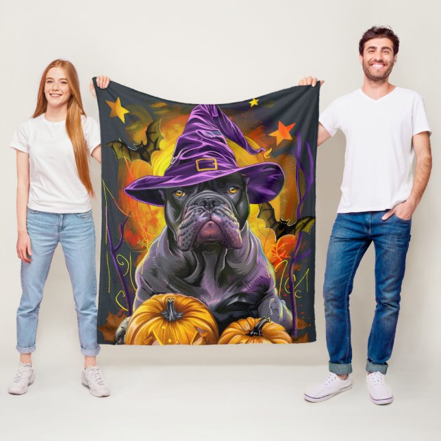 Spooky Cane Corso Dog Halloween Witch And Pumpkin Fleece Blanket (In Situ)