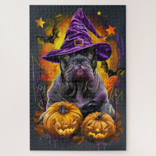 Spooky Cane Corso Dog Halloween Witch And Pumpkin Jigsaw Puzzle