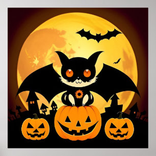 Spooky Cartoon Bats Pumpkins Moon Halloween Night Poster
