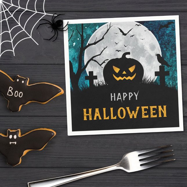Spooky Carved Pumpkin Graveyard Halloween Party Napkin (Creator Uploaded)