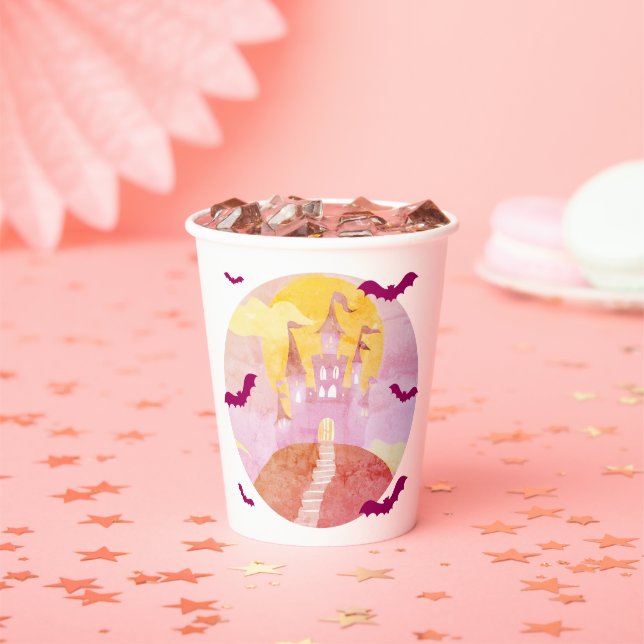 Spooky Castle on Hill Bats Halloween Paper Cups (Insitu)