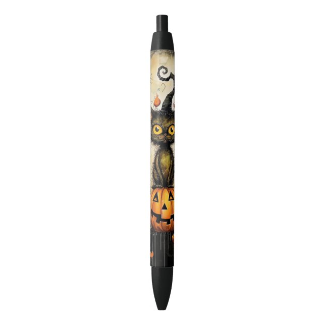 Spooky Cat and Jack o Lantern Writing Black Ink Pen (Front Vertical)