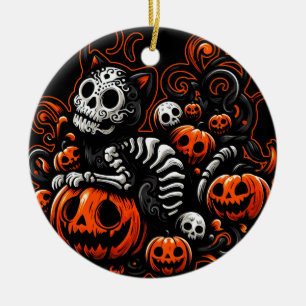 Spooky Cat and Pumpkins Ceramic Ornament