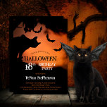 Spooky Cat | Bats Halloween 18th Birthday Party Invitation<br><div class="desc">Spooky cat silhouette on an orange night sky underneath a tree among swarming bats creepy Halloween 18th Birthday Party invitation.  Photo courtesy Saso Tusar via Unsplash.</div>