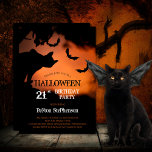 Spooky Cat | Bats Halloween 21st Birthday Party Invitation<br><div class="desc">Spooky cat silhouette on an orange night sky underneath a tree among swarming bats creepy Halloween 21st Birthday Party invitation.  Photo courtesy Saso Tusar via Unsplash.</div>