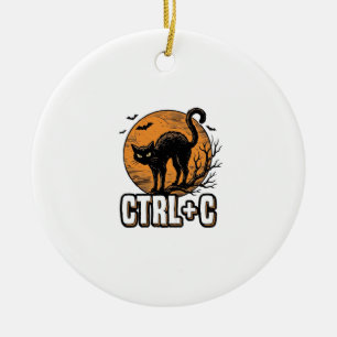Spooky Cat CTRL C Vintage Halloween Vector Design_ Ceramic Ornament