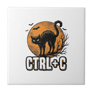 Spooky Cat CTRL C Vintage Halloween Vector Design_ Ceramic Tile
