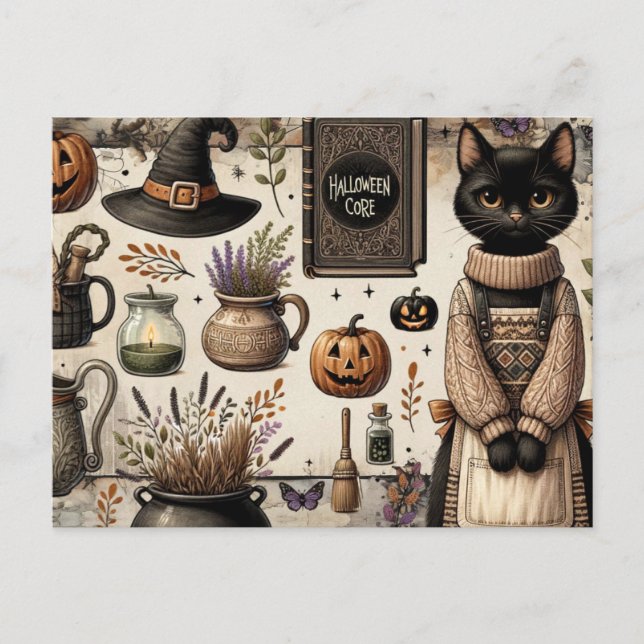 Spooky Cat Halloween Core Junk Journalling Postcard (Front)