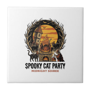 Spooky Cat Party Vintage Engraving Halloween Shirt Ceramic Tile