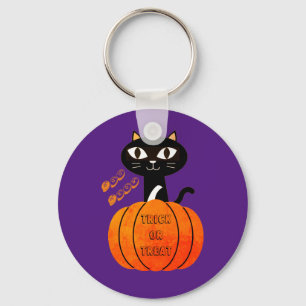 Spooky Cat Purple Black Orange Pumpkin Halloween Key Ring