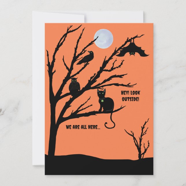 Spooky cat-raven-owl-bat-night-moon Halloween card (Front)