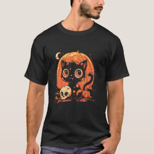 Spooky Cat Skull Fall Pumpkin Halloween Goth Cute  T-Shirt