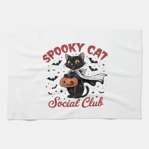 Spooky Cat Social Club PNG - Cute Halloween Classi Tea Towel