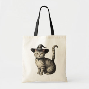 Spooky cat wearing witch's hat Halloween Tote Bag