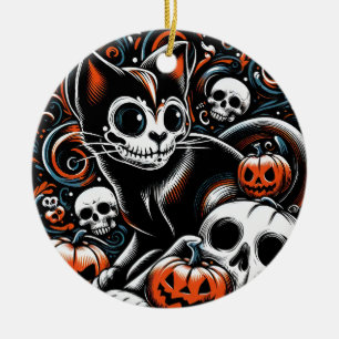 Spooky Cat with Skulls Ceramic Ornament