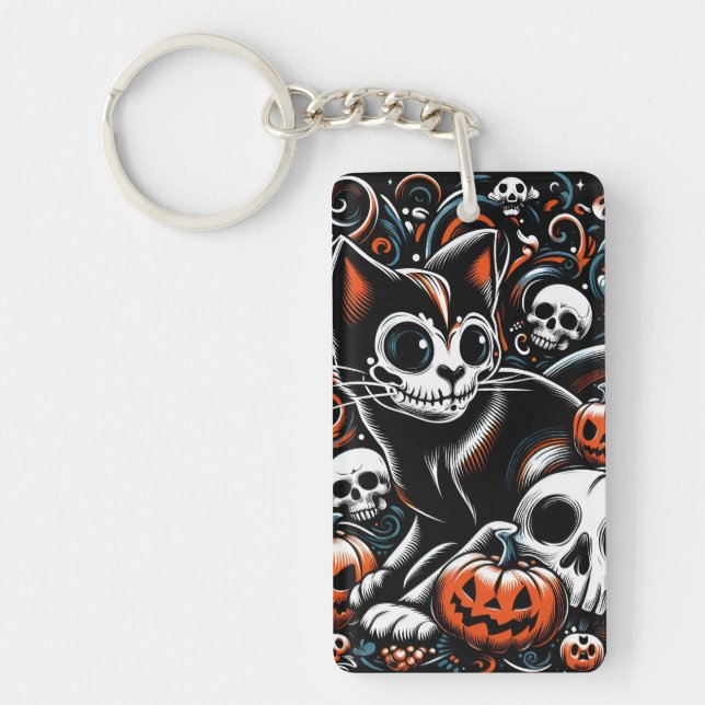 Spooky Cat with Skulls Key Ring (Front)