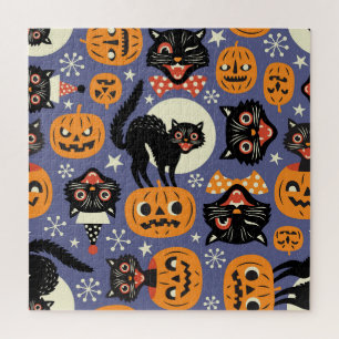 Spooky Cats Pumpkins Purple Pattern Jigsaw Puzzle
