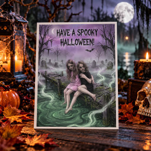 Spooky Cemetery Creepy Kids Halloween Postcard