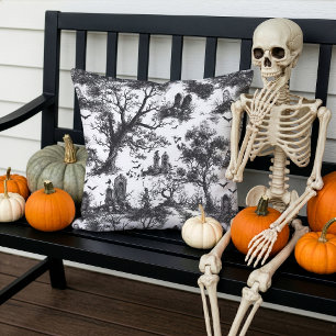 Spooky Cemetery Toile de Jouy Pattern Grey White Cushion