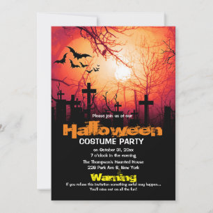 Spooky Cemetery with Full Moon and Bats Halloween Invitation
