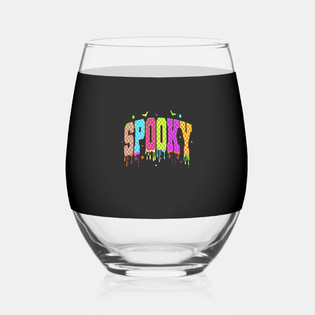 Spooky Checkered Halloween Stemless Wine Glass (Front)