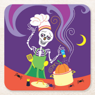 Spooky Chef Cooking a Pumpkin Square Paper Coaster