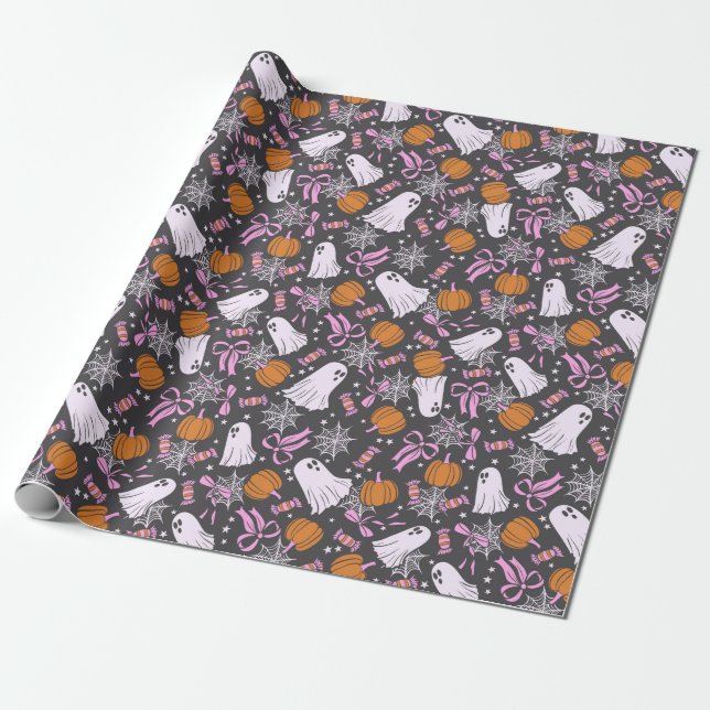 Spooky Chic Ghosts Coquette Pink Bows Halloween Wrapping Paper (Unrolled)