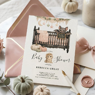 Spooky Chic Gothic Bat & Kitten Baby Girl Shower Invitation