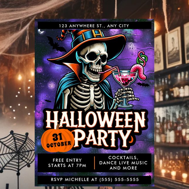 Spooky & Chic Halloween Party Invitation (Halloween Party Invitation with skeleton.)