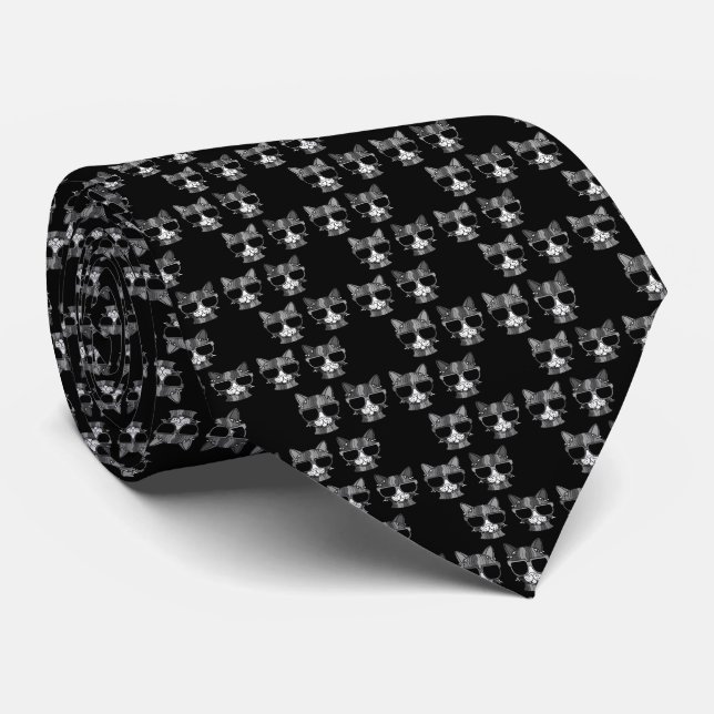 Spooky Chic Tie: Black & Grey Cats in Sunglasses  Tie (Rolled)