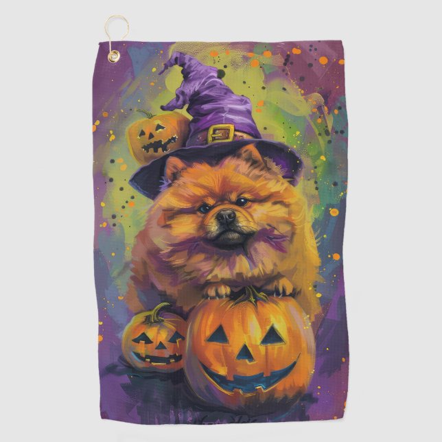 Spooky Chow Chow Dog Halloween Witch And Pumpkin  Golf Towel (Front)