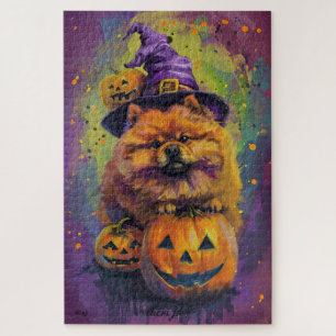 Spooky Chow Chow Dog Halloween Witch And Pumpkin  Jigsaw Puzzle