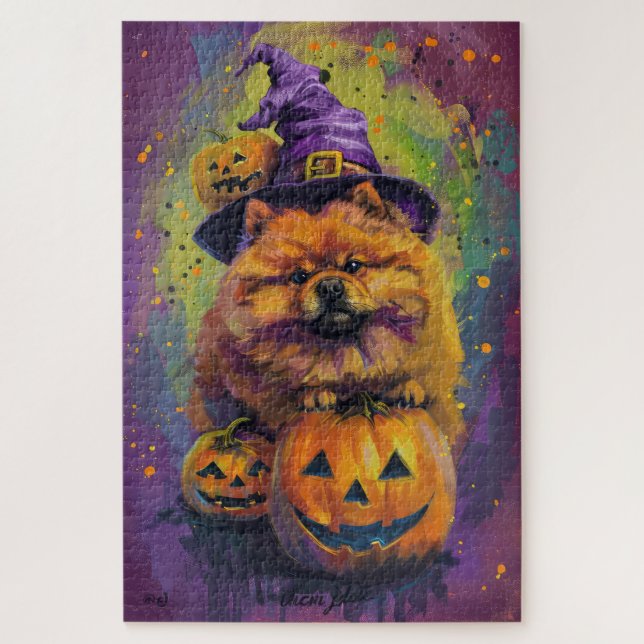 Spooky Chow Chow Dog Halloween Witch And Pumpkin  Jigsaw Puzzle (Vertical)