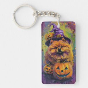 Spooky Chow Chow Dog Halloween Witch And Pumpkin  Key Ring