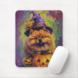 Spooky Chow Chow Dog Halloween Witch And Pumpkin Mouse Pad