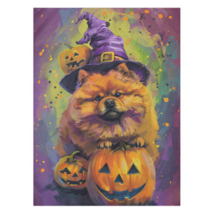 Spooky Chow Chow Dog Halloween Witch And Pumpkin  Tablecloth