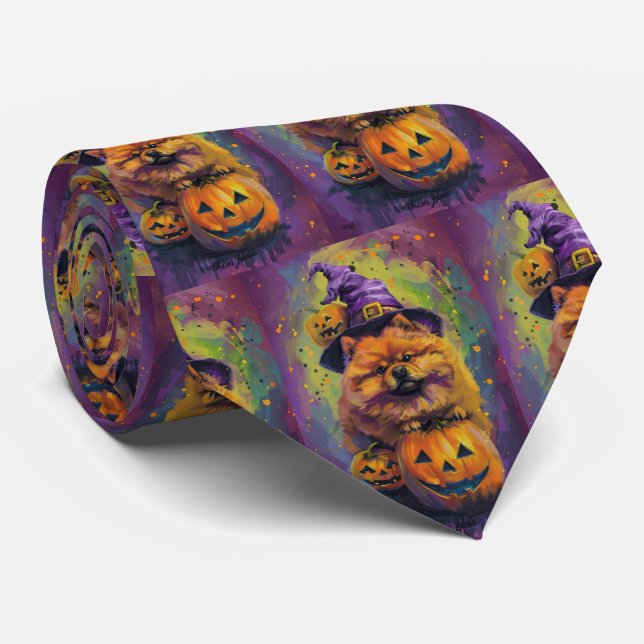 Spooky Chow Chow Dog Halloween Witch And Pumpkin  Tie (Rolled)