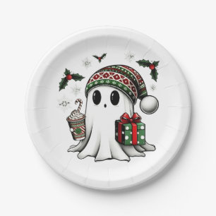 Spooky Christmas Halloween Ghost Santa Hat Paper Plate